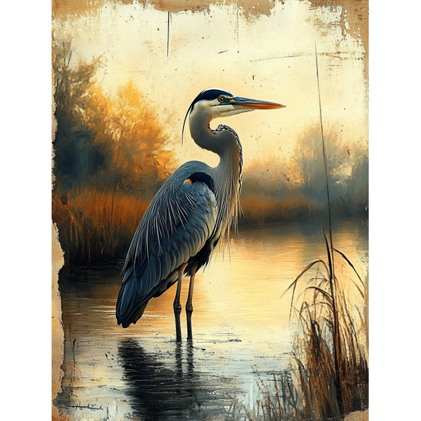 Qisvanset Framed Canvas Wall Art 12x16 Inch Vintage Blue Heron Rustic Coastal Bird Art