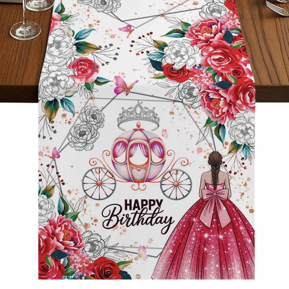 Table Runners 120 Inches Long Dress Scarves, Happy Birthday Farmhouse Coffee/Dining/Kitchen Table Runner for Living Room, Red Dress Crown Carriage Flowers Butterfly 13x120 Inch