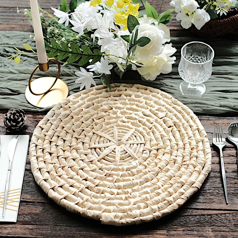 BalsaCircle 4 Round 15" Natural Corn Husk Placemats Woven Tablemats