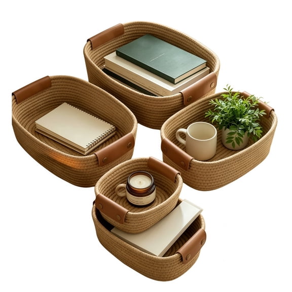 GYWHOOFT Storage Basket Set of 5, Sturdy Jute Rope Baskets for Shelves - Quality Storage Bins for Organizing Home, Nursery, Bedroom And Living Room Decor