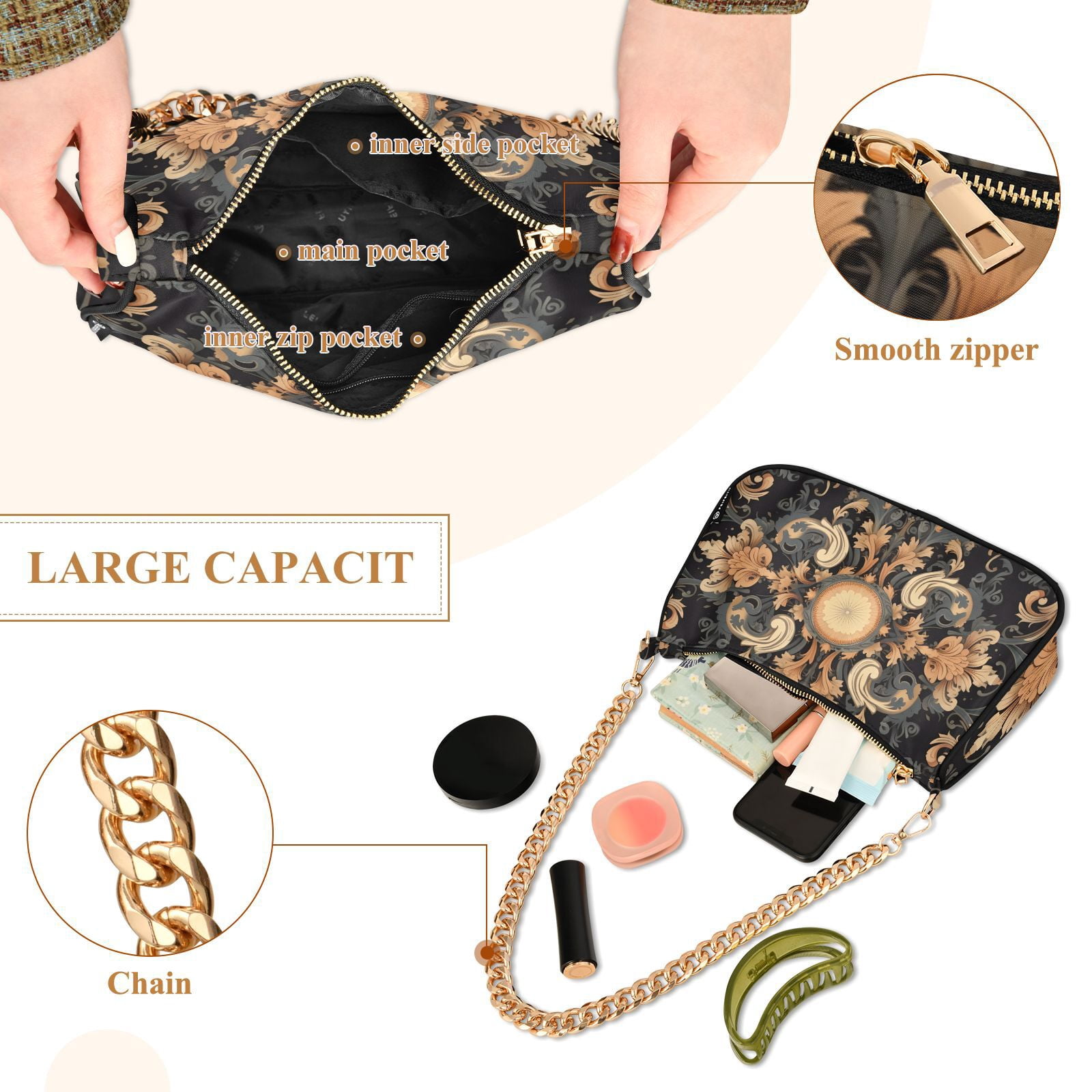 Boho Pattern TribalWomen Small Shoulder Bag Crossbody Tote Hobo Bags Purse Clutch Handbags with Chain Strap for Women