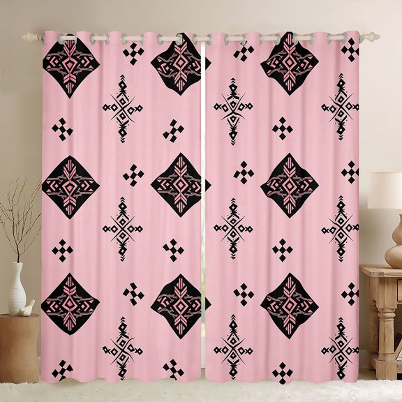 Manfei Tribal Geometric Diamond Kitchen Curtains, Vintage Cross Black Out Curtains Pack of 2 (42x63 Each), Black Pink Light Pink