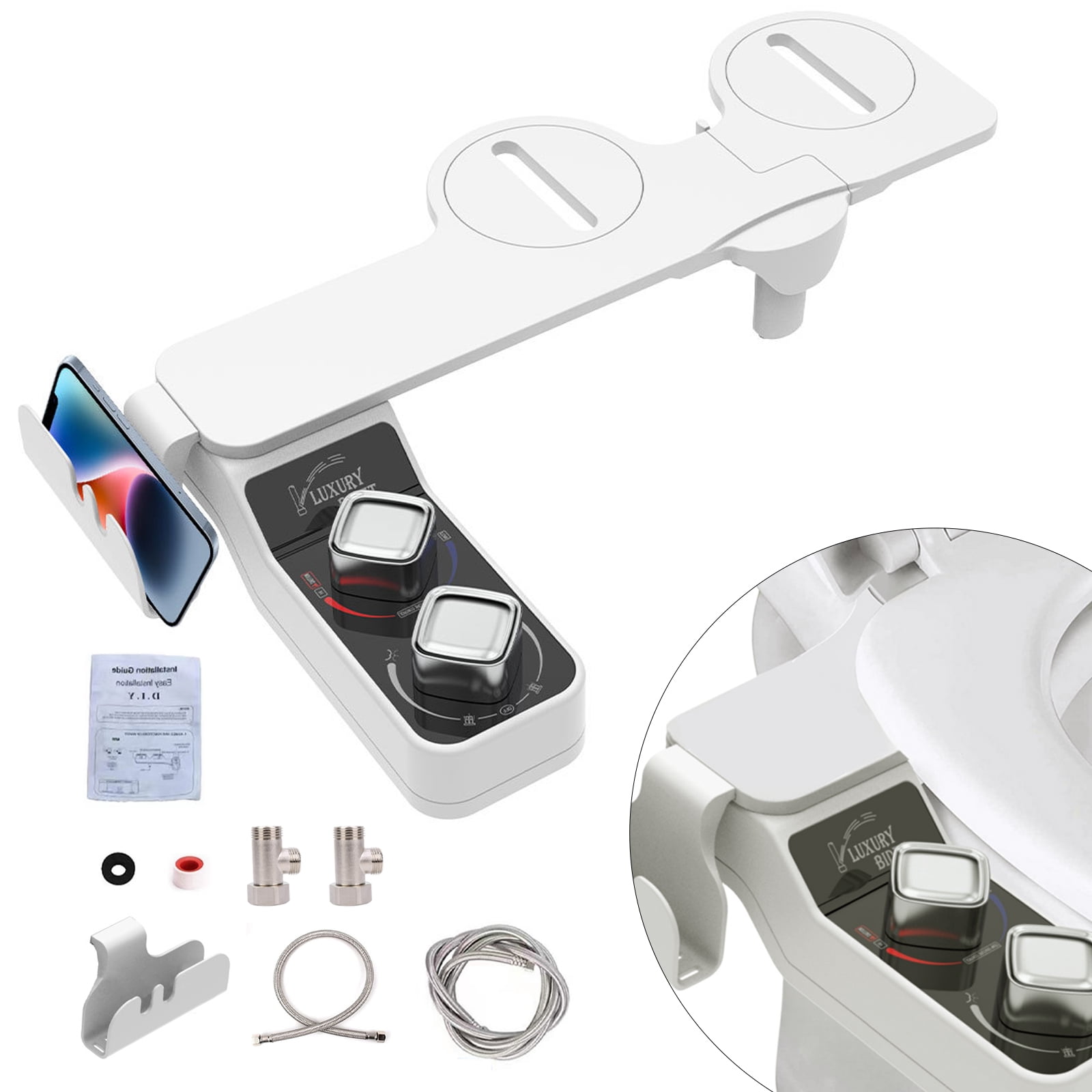 E-Greetshopping Bidet Attachment for Toilet Seat, Hot and Cold Water Dual Nozzles of Self Cleaning, Adjustable Pressure Sprayer Nozzle with Storage Hooks, Rear and Feminine Wash