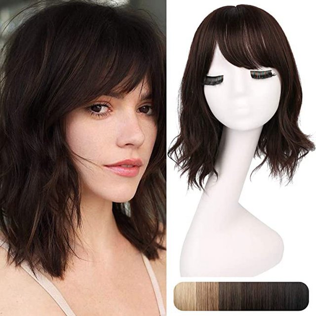 18 adornos de pelo sintético con flequillo recto, 3 clips en extensiones de cabello ondulado y rizado, pieza de cierre de pelo, postizos para mujeres, color negro y marrón brillar Electrónica