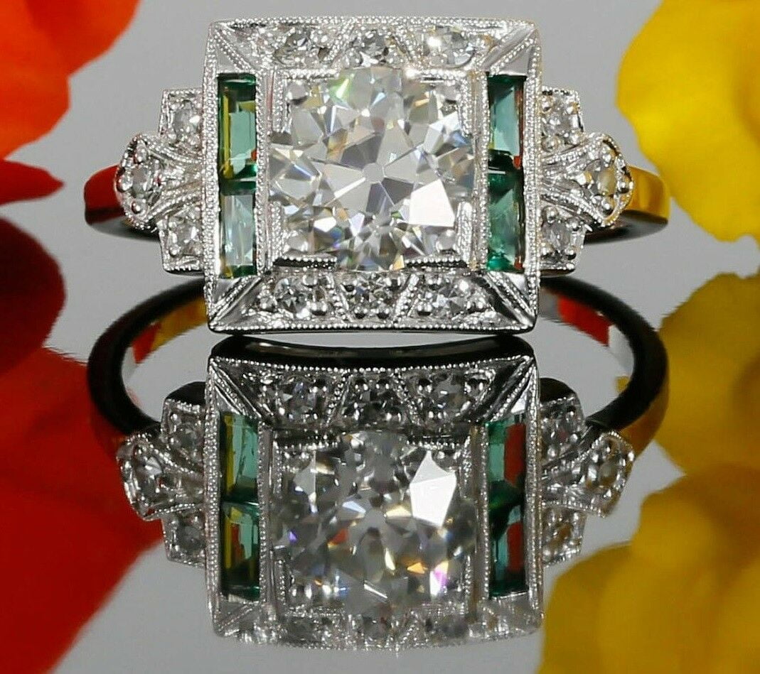 HeartsAndYou 1.5ct Round Cut Moissanite Emerald Art Deco Engagement Ring for Women 18k White Gold Over Silver