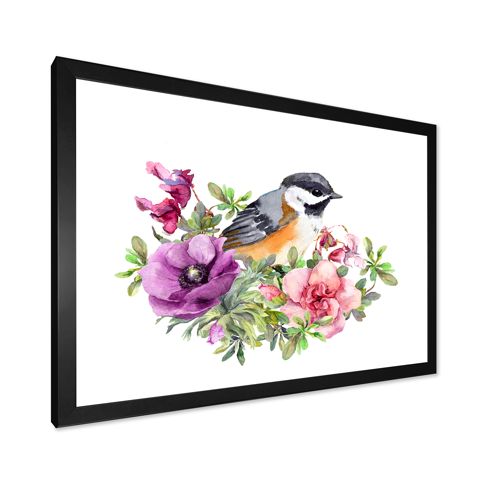 Designart 'Cute Bird In Purple and Pink Flowers' Traditional Framed Art Print