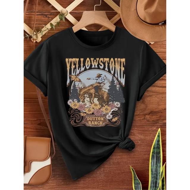 Rancho Vaquero Gráfico de Yellowstone - Camiseta Casual de Manga Corta de Poliéster Tejido, Cuello Redondo, Colección de Verano