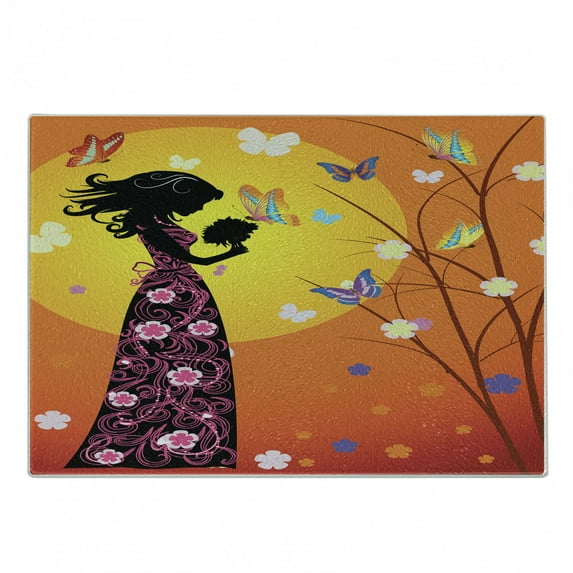Feminine Cutting Board, Flowers Butterflies and Silhouette of Girl in Floral Dress Bouquet Fantasy Art, Decorative Tempered Glass Cutting and Serving Board, Small Size, Orange Black, by Ambesonne