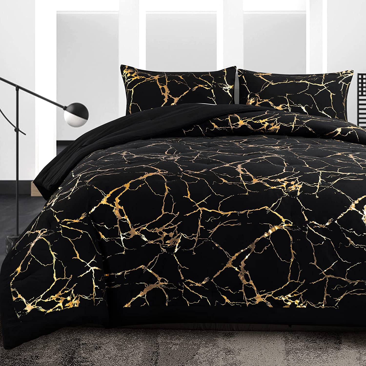 Oversized King Comforter Set 120x120, Black and Gold Marble Bedding