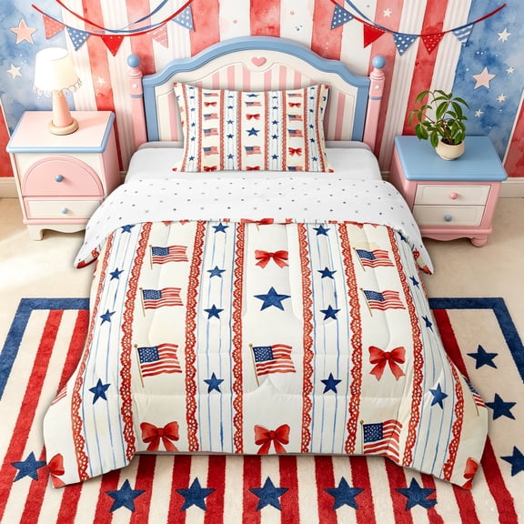 spefrowx Patriotic American Flag Twin Comforter Sets for Kids, Cartoon Bow Star Stripe Bedding Set, Reversible, 2pcs, 1 Comforter and 1 Pillowcase