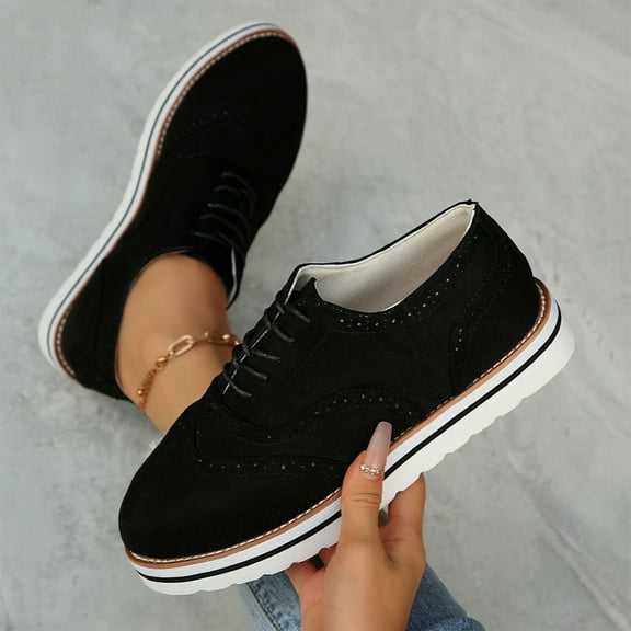 Viluyesy Loafers for Womens, Thicken Sole Lace Up Fashion Stitched Suede Leather Platform Shoes Black US6.5