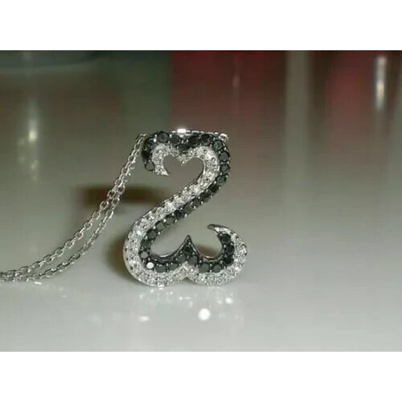 1.50Ct Round Black & White Lab Created Diamond Open Heart Charm Pendant 14K White Gold Over 925 Silver