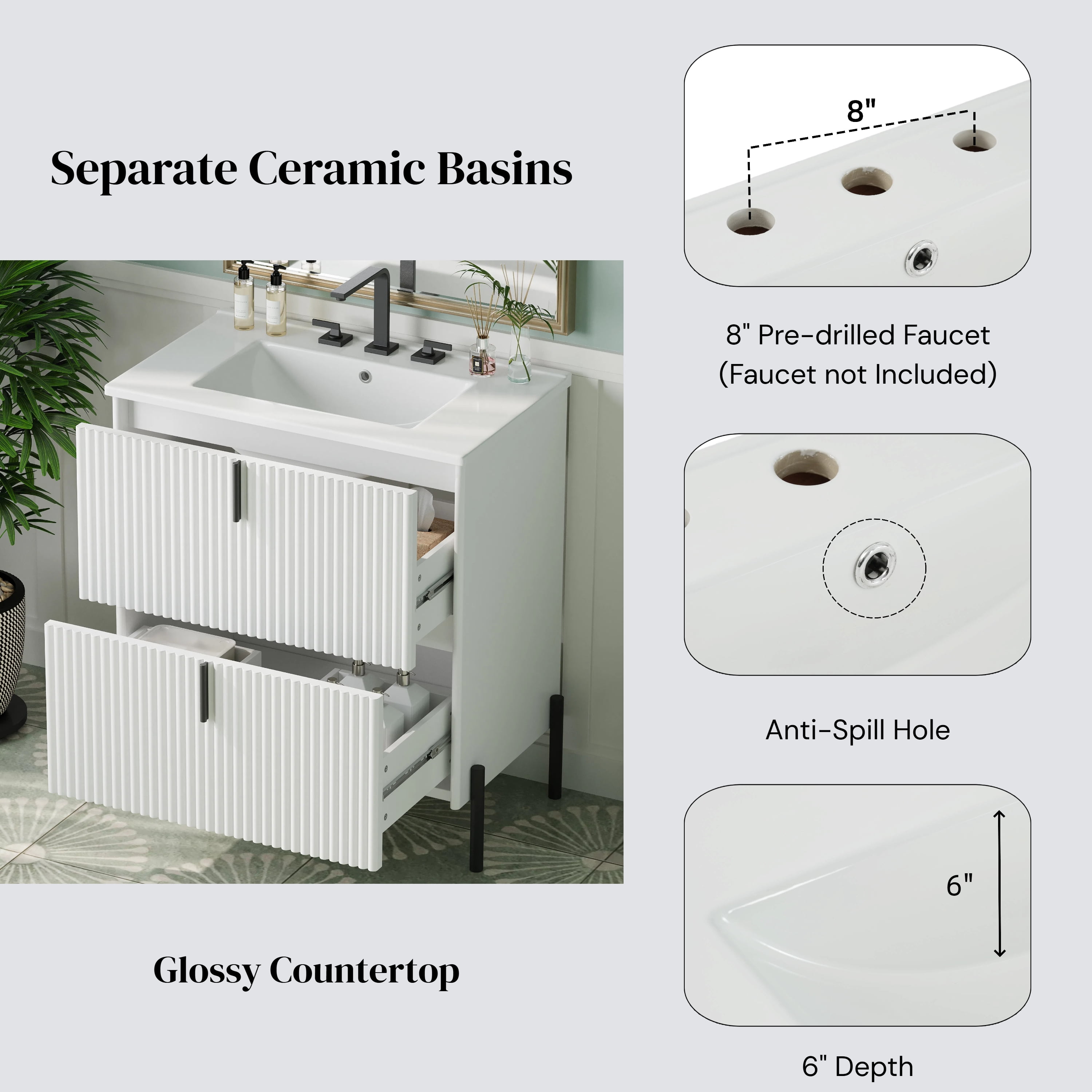 30" Fluted Design Modern Freestanding Vanity Cabinet, Modern Bathroom Cabinet with Soft Close Drawers, Freestanding Vanity with Ceramic Sink for Bathroom, White