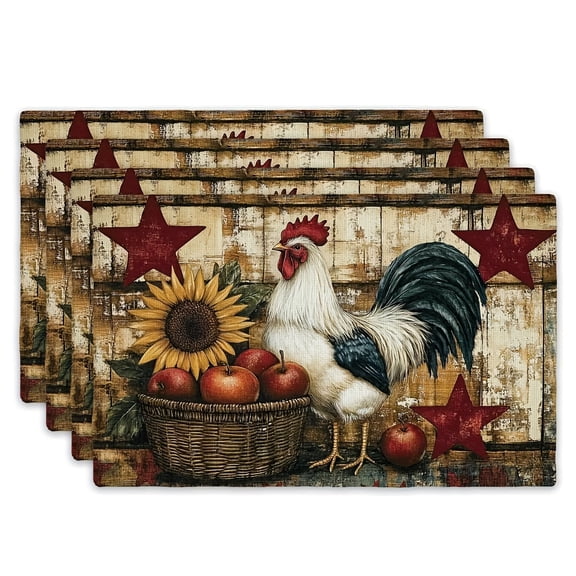4pcs Rustic Farmhouse Placemats Suitable for Dining Table - Vintage Rooster & Sunflower Table Mats with Red Stars, Country Kitchen Decor for Thanksgiving, Christmas Table Setting