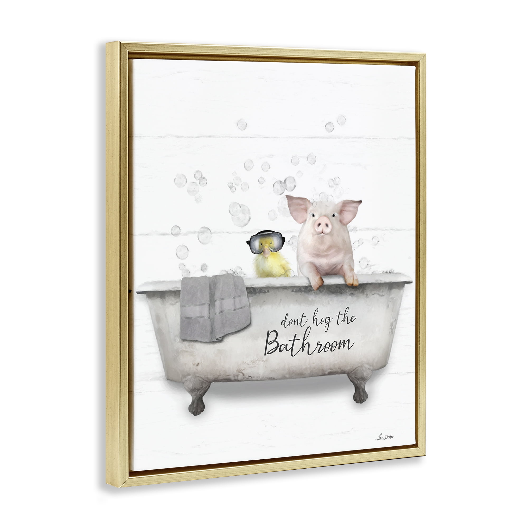Stupell Industries Don't Hog Bathroom Typography Painting Gold Floater Framed Canvas Art Print Wall Art, 17 x 21