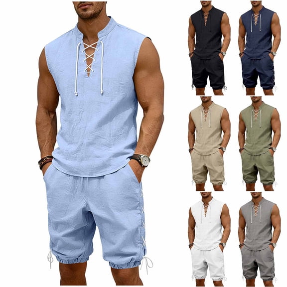 Mens Linen Sets 2 Piece Outfits Lace up Sleeveless Shirt and Medieval Viking Pirate Shorts Set Vacation Outfit for Men Summer Beach Suits Big and Tall Size S-3XL White