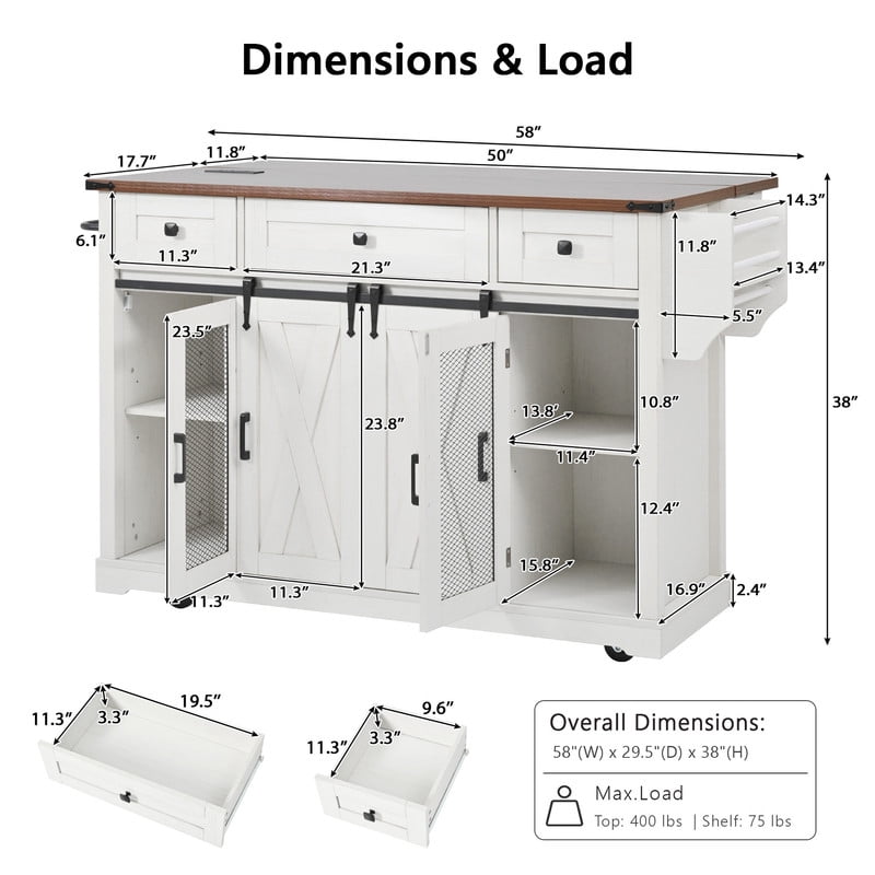 58"W Kitchen Island Cabinet with Sliding Barn Doors & Charge Station, Kitchen Storage Cart with Spice Rack, Glass Holders & Drop Leaf