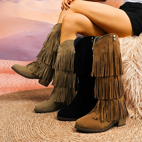 Lovzfmll Cowboy Boots for Women, Plus Size Knee High Round Toe Mid Heel Fringe, Low Heel Wide Calf Cowgirl Chelsea Boots Fall Khaki Boots