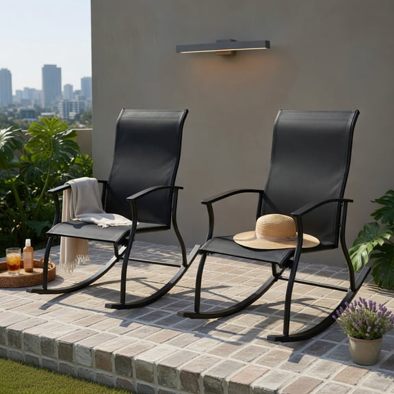 Hommoo 2-Pack Outdoor Rocking Chairs, Breathable Fabric Seat, Rust-Resistant Metal Frame, Ergonomic Back Support for Backyard, Patio & Poolside, Black