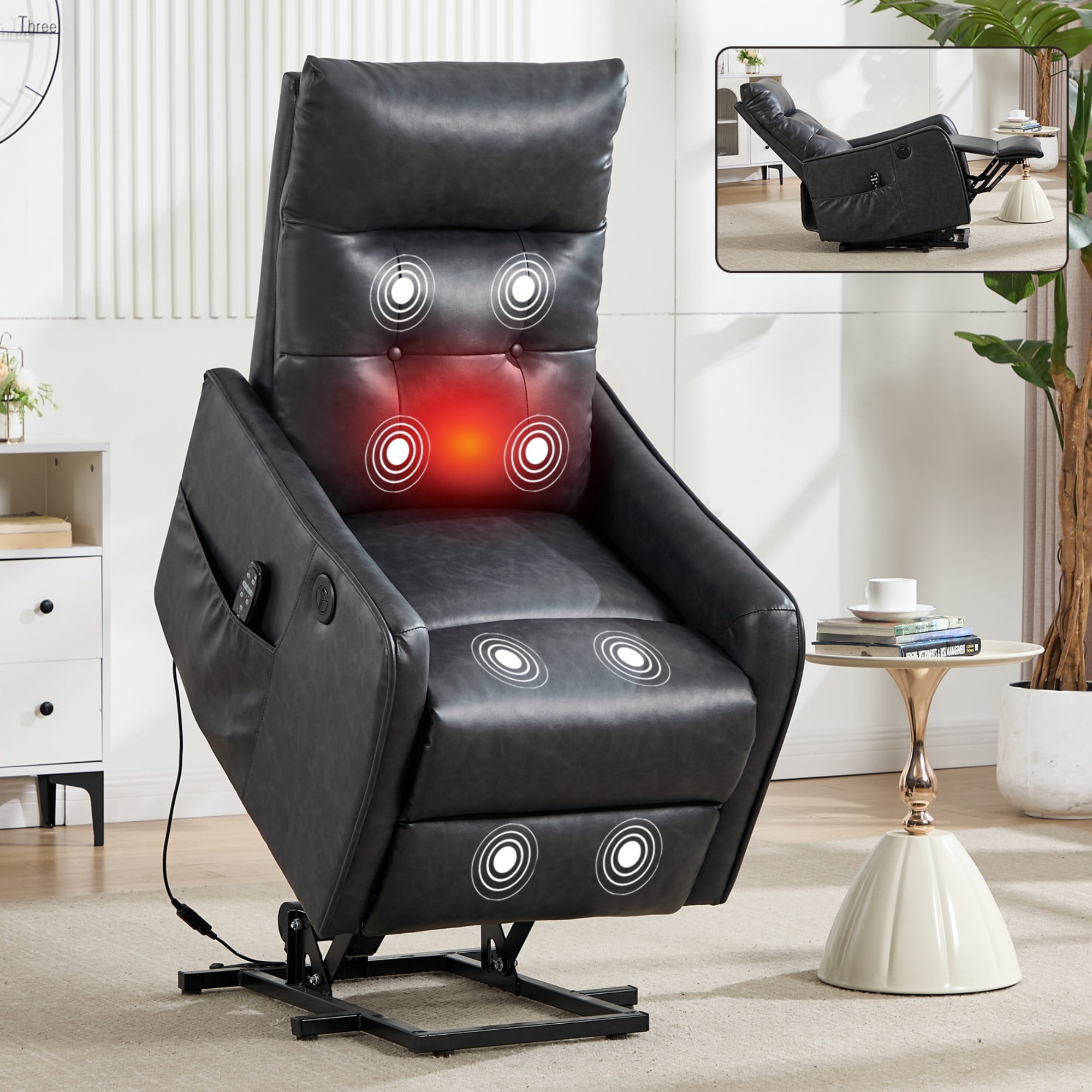 BSHTI Faux Leather Power Lift Recliner Chair with Vibration Massage, Lumbar Heat, USB Charging for Living Room(Gray)