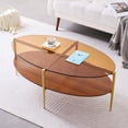 thumbnail image 1 of Rectangle Coffee Table Mid-Century Modern Design L W x H for Living Room - Structure Amber Glass Top and Walnut MDF Shelf Sleek Conical Metal Legs with Gold Finish, 1 of 8