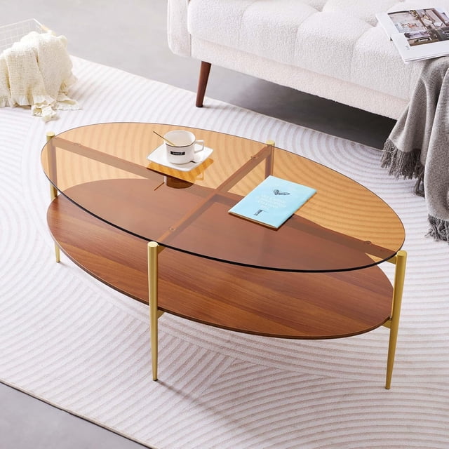 Rectangle Coffee Table Mid-Century Modern Design L W x H for Living Room - Structure Amber Glass Top and Walnut MDF Shelf Sleek Conical Metal Legs with Gold Finish