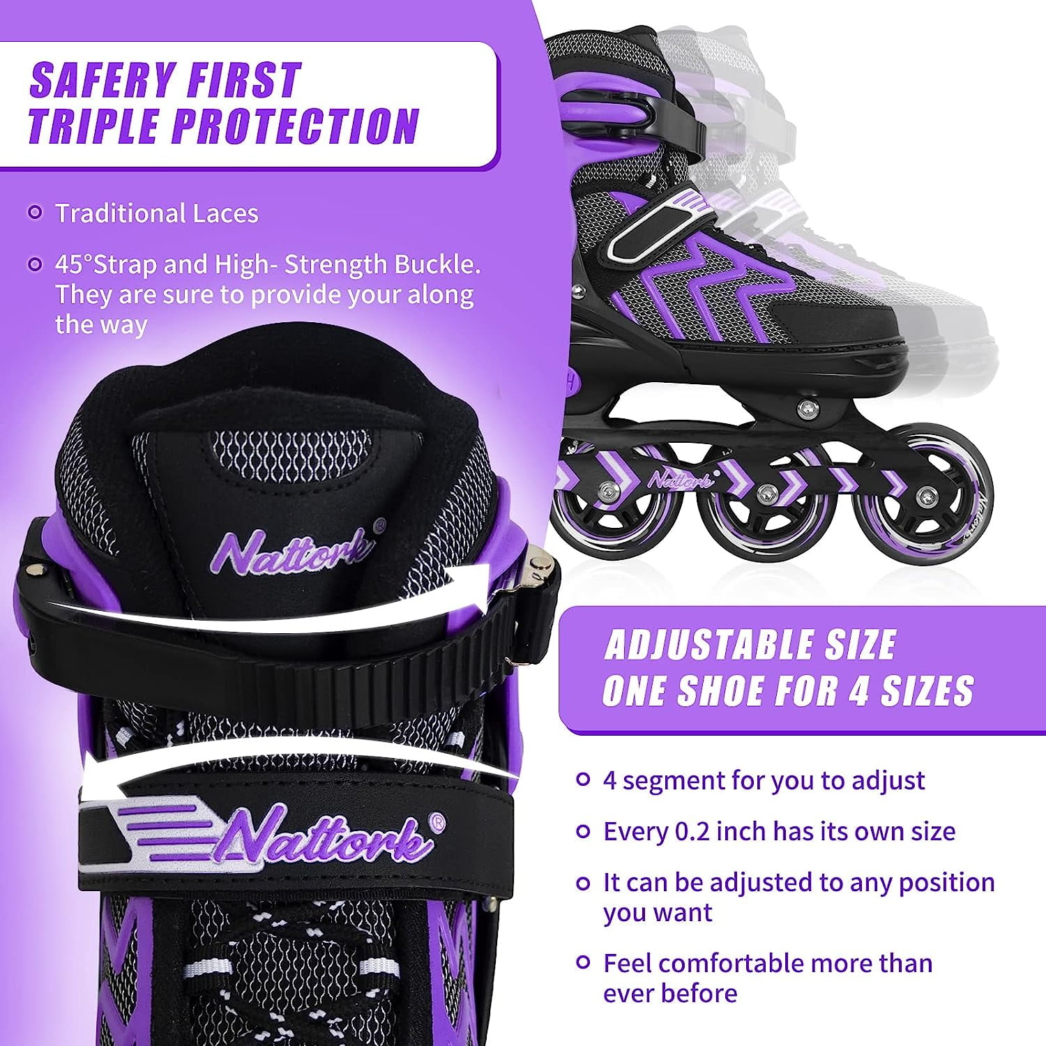SubSun Inline Skates for Adults Men Women Adjustable Aggressive Durable Roller Blades with Giant Wheels Purple L