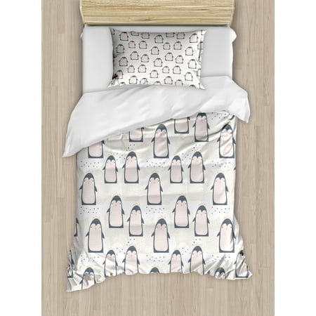 Penguin Duvet Cover Set Doodle Style Cartoon Animals From
