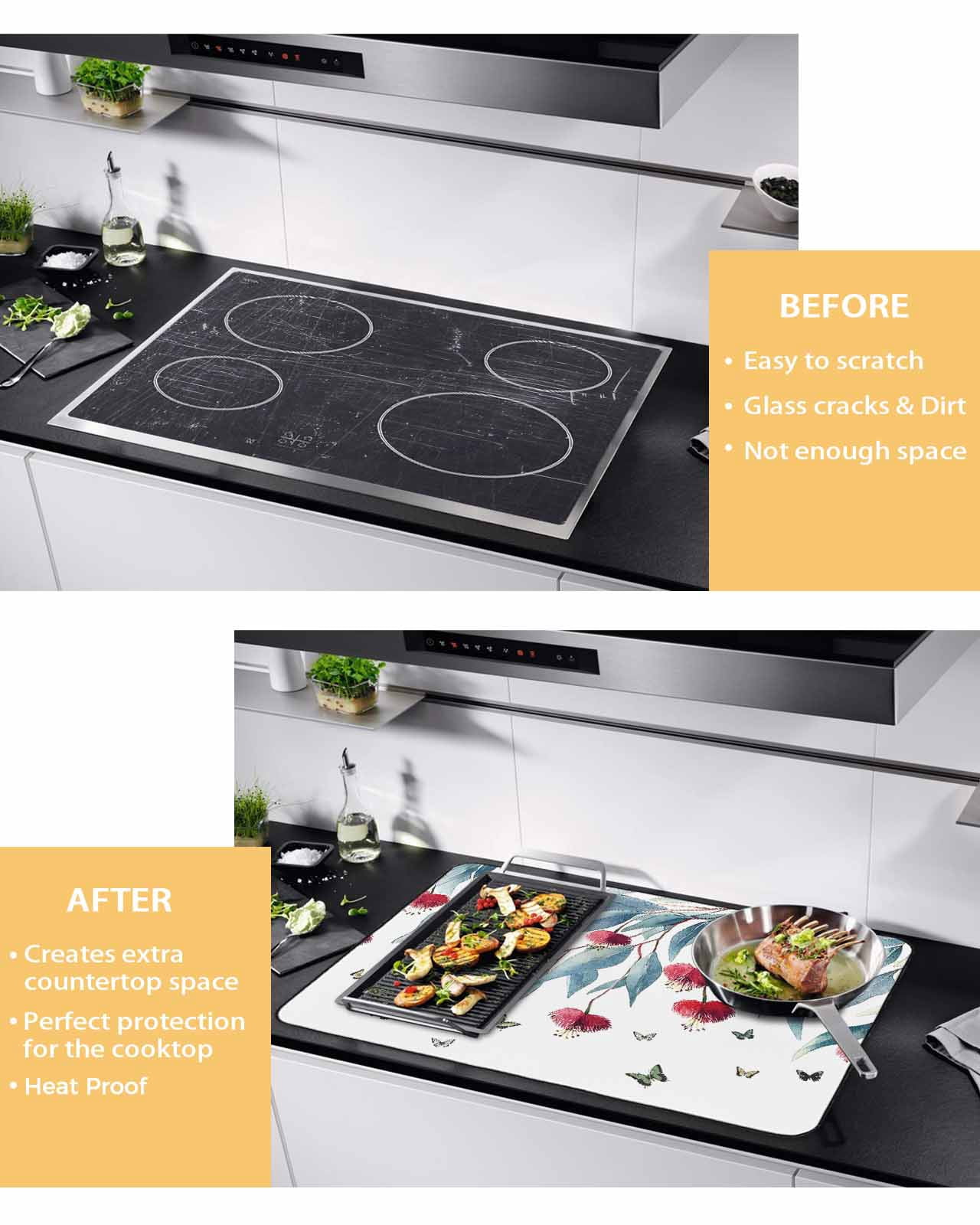 nqOlkjepod Large Induction Cooktop Protector Mat 24"x21", Botanical Leaves Stove Top Covers for Electric Stove, Spring Floral Butterfly Pastoral Stove Burner Cover Mats, Glass Top Stove Cover