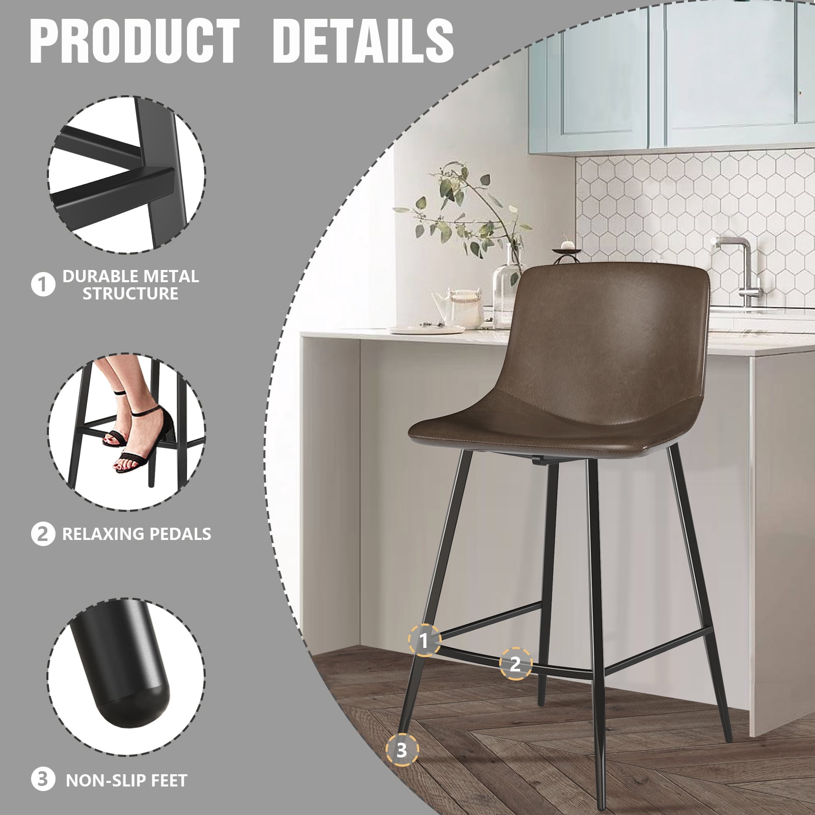 TAVR Furniture Adult Mid Back 600 lbs and Faux Leather Counter Height Bar Stools - Set of 2, Brown