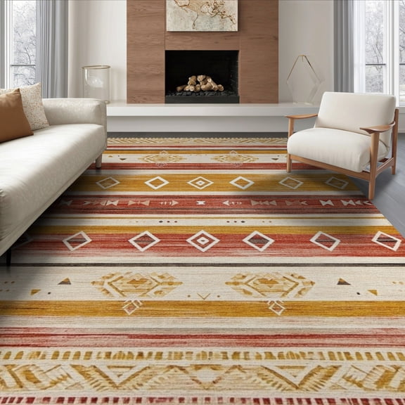 ODIKA 8'x10' Washable Area Rug Durable, Non-Slip Southwestern Stripe Diamond Lattice Vintage Distressed Entryway for Living Room, Under Sectional, Family