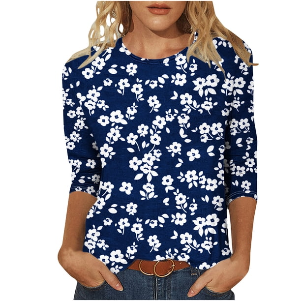 Camiseta de Cuello Redondo Impresa Casual para Mujeres con Mangas 3/4, Camiseta de Moda Casual de Longitud Media