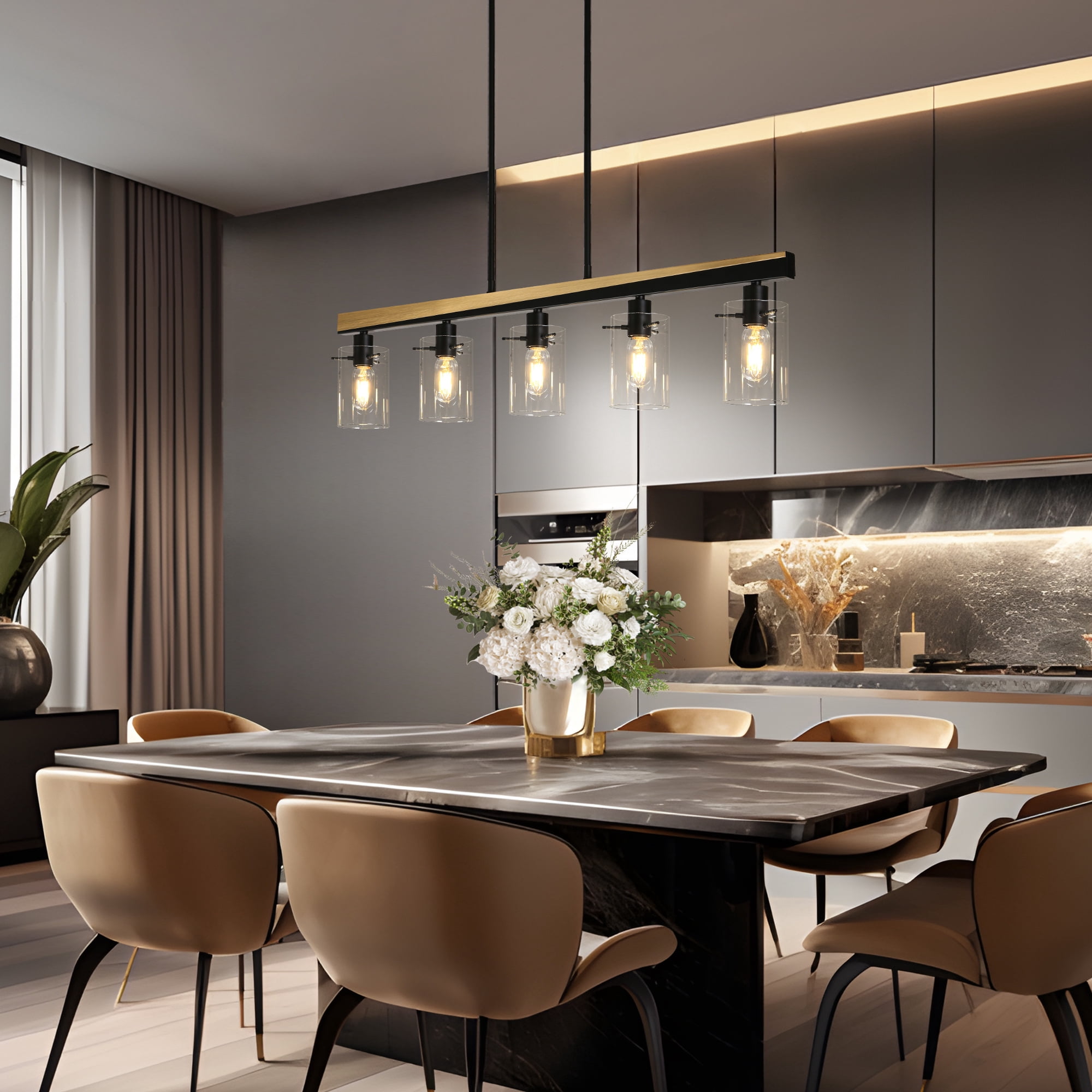 LNC 5-Light Black and Gold Large Linear Pendant with Clear Glass for Kitchen Island