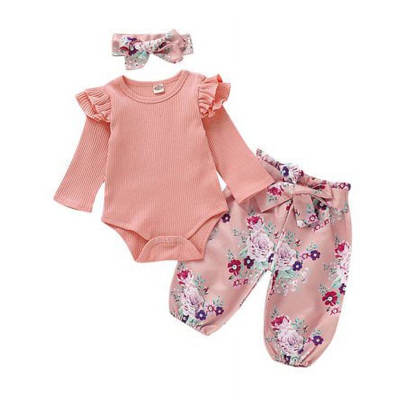 WISWELL Newborn Baby Girls Cute Solid Color Romper Jumpsuit Bodysuit Top Bowknot Flower Long Pants Trousers Outfits Set 9-12 Months