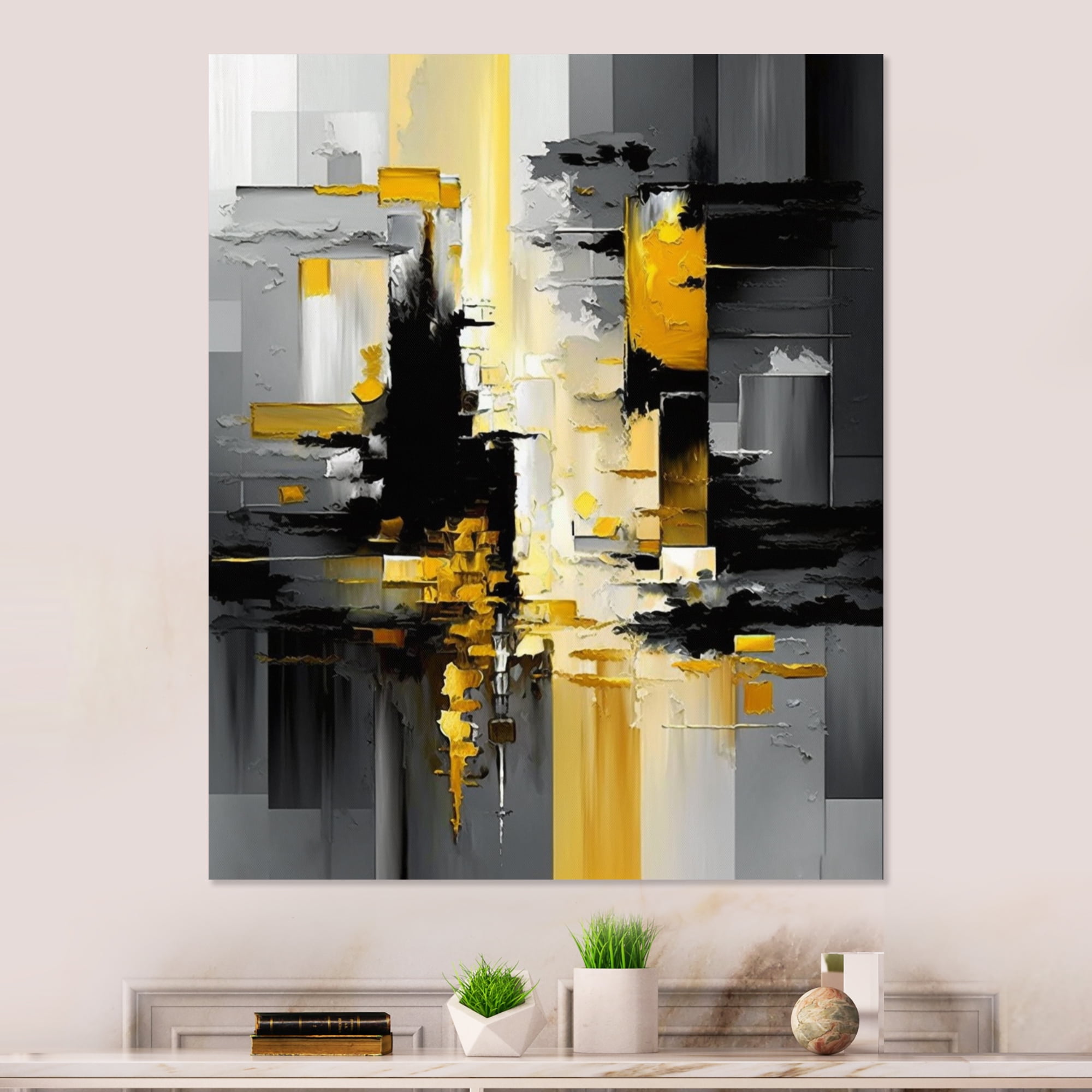 Designart Abstract Geometric Black And Yellow V Canvas Wall Art