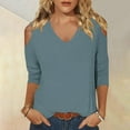thumbnail image 2 of Timegard Tops for Women 3/4 Sleeve Cold Shoulder V Neck Solid Color Tee Fall Casual Loose Comfy Tops, 2 of 5