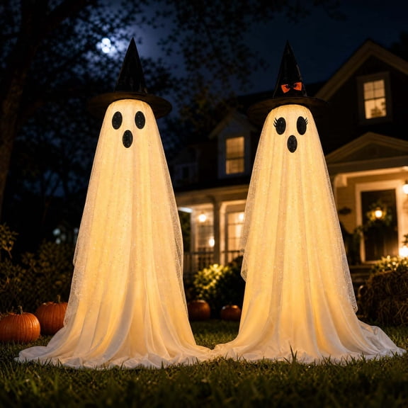 BiFandian 2-Pack Halloween Ghost Decorations Outdoor, Ghost Decor with String Lights Remote Control, Spooky Party Decor for Living Room, Bedroom, Window, Halloween Decoration Indoor