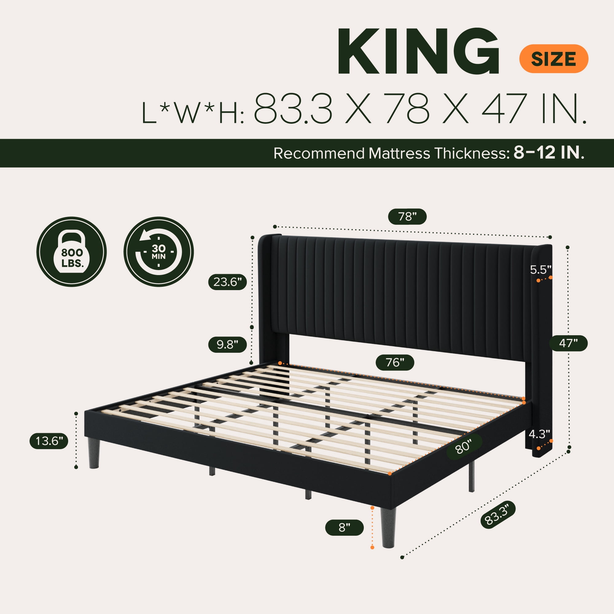 Einfach King Bed Frame, Upholstered Platform Bed with Wingback Headboard, No Box Spring Required, Black