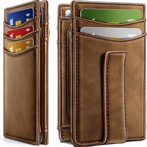 Burufy Wallet for Men, Slim Leather Magnetic Closure Mens Wallet with RFID Blocking,ID Windows,Bifold Minimalist Credit Card Holder for 12 Cards