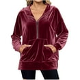 thumbnail image 1 of Sudadera con Capucha y Media Cremallera de Terciopelo para Mujer, Estilo Informal, Larga, con Bolsillos Rojo Vino S, 1 of 7