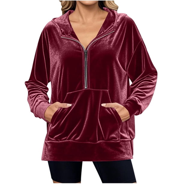 Sudadera con Capucha y Media Cremallera de Terciopelo para Mujer, Estilo Informal, Larga, con Bolsillos Rojo Vino L