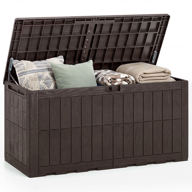 Gymax 120 Gal Outdoor Deck Box All-Weather Lockable Storage Bin w/ Lid & Handles Dark Brown