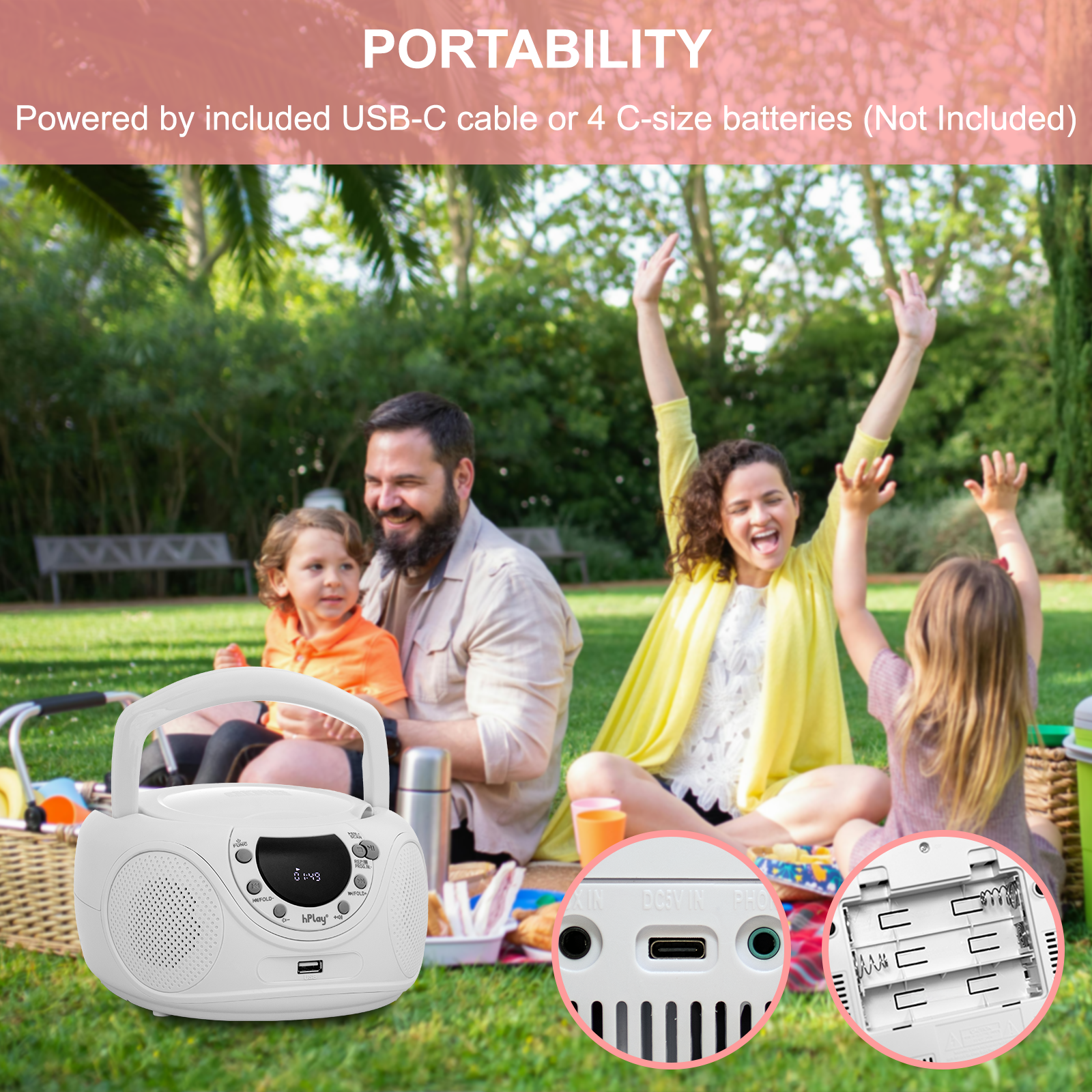 hPlay P16 Portable CD Player Boombox with Bluetooth, FM Digital Radio, USB/MP3 Playback, Aux-in & Headphone Jack - AC/Battery Powered Stereo System (White)