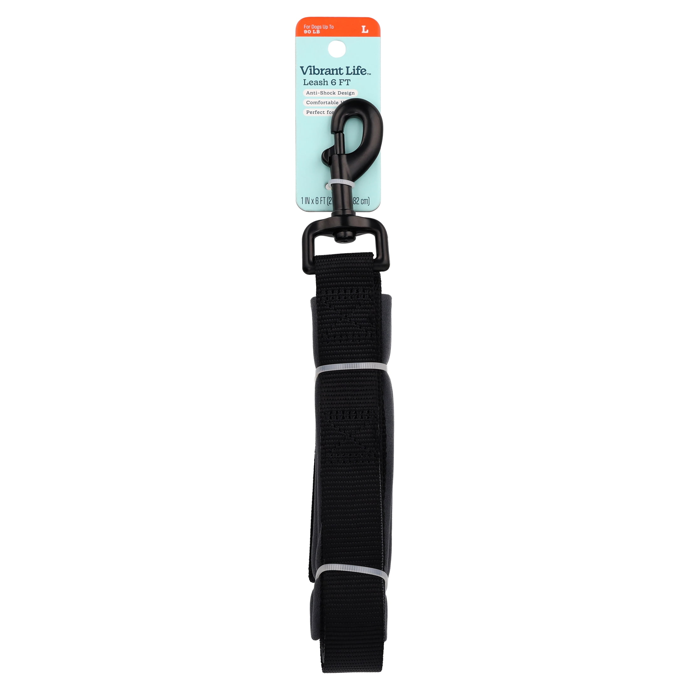 Vibrant Life Padded Anti-Shock Dog Leash, Black, Large, 6 ft