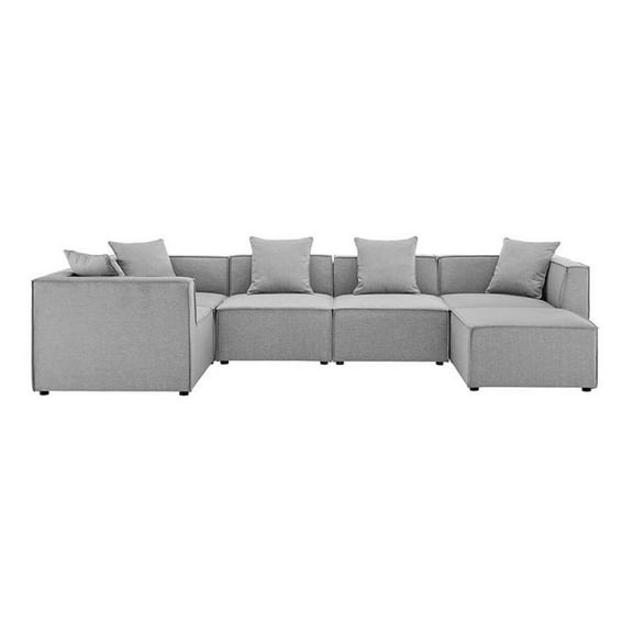 Pemberly Row 6-Piece Fabric Upholstered Outdoor Patio Sectional Sofa in Gray