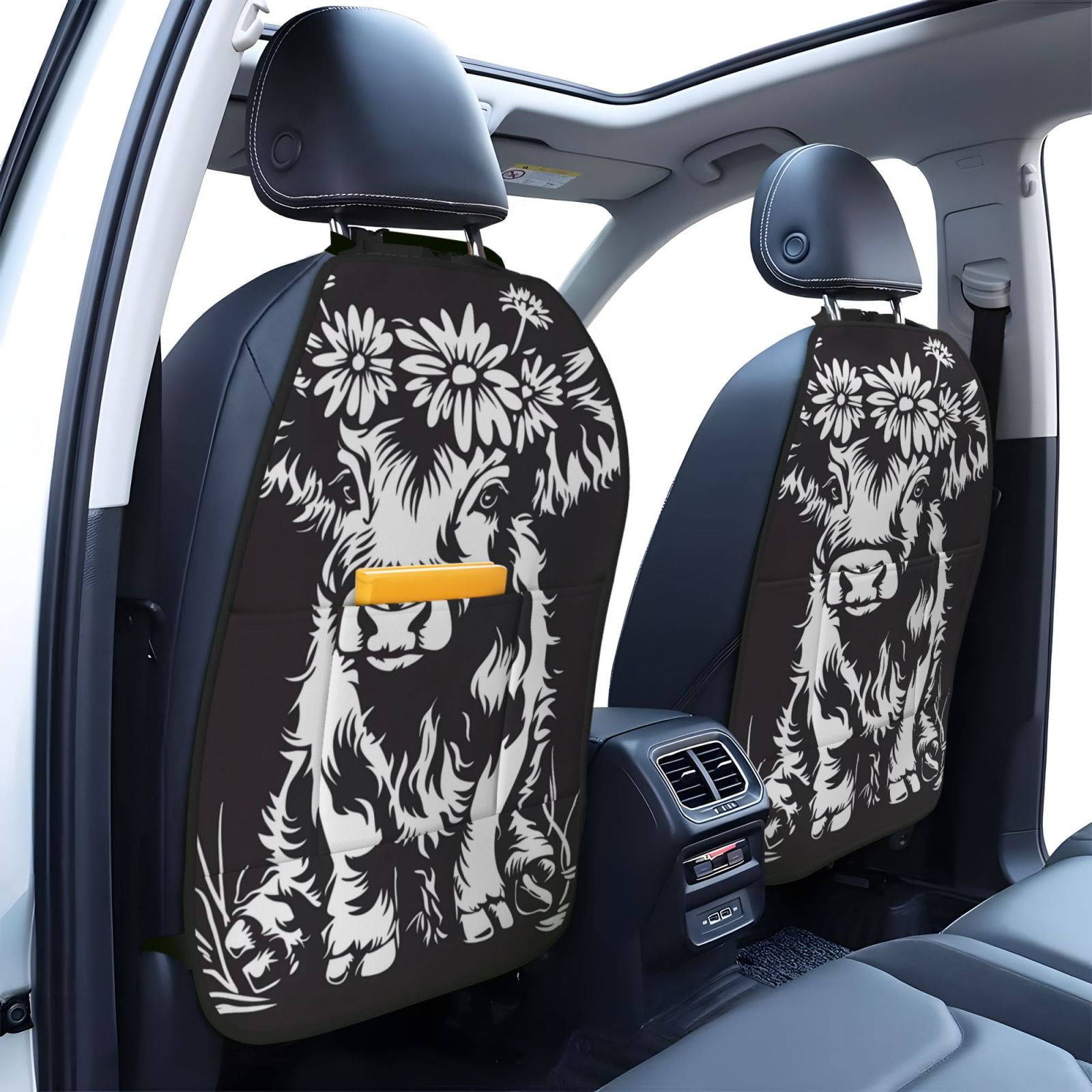Xecao Floral Cow Silhouette Pattern Car Seat Back Protector 2 Pack Large Capacity Pocket, Kick Mats Back Seat Protector