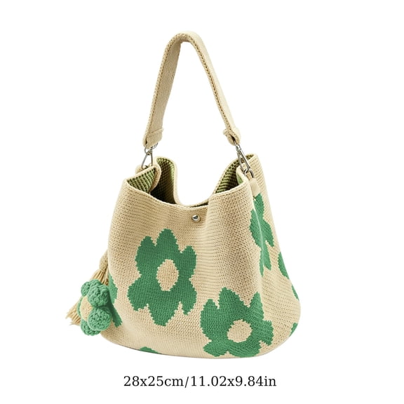 Btomtd Floral Knitted Handbag, Large Capacity Portable Tote Bag for Carrying Small Items, Shoulder Bag and Purse for Work Commuting, Green