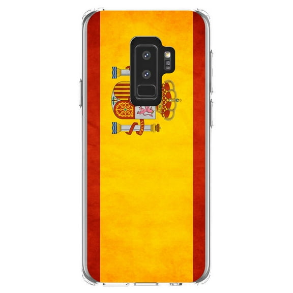 DistinctInk Clear Shockproof Hybrid Case for Samsung Galaxy S9+ PLUS (6.2" Screen) - TPU Bumper, Acrylic Back, Tempered Glass Screen Protector - Spain Old Weathered Spanish Flag Red Yellow - Spain