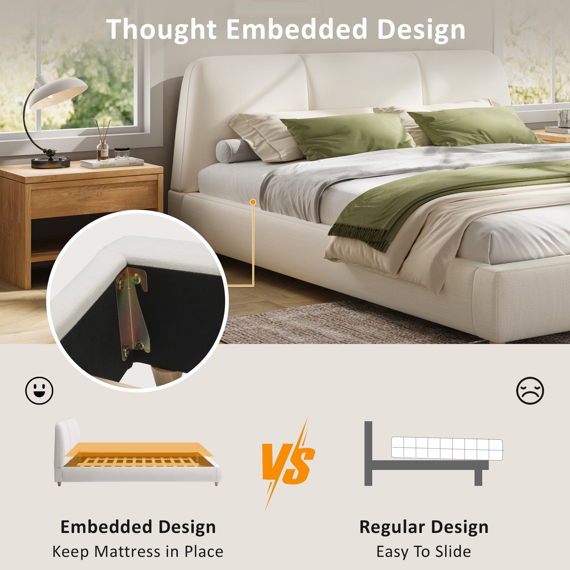 King Size Modern Upholstered Bed Frame with Linen Blend Fabric & Solid Wood Legs, Platform Bed with Thick Padded Headboard for Bedroom, White