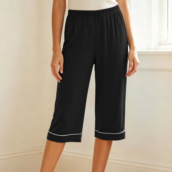 Jesvior Women'S High Waisted Wide Leg Cropped Pants Casual Straight Leg Lounge Trousers Knit Elastic Waist Soft Pajama Style Pants for Summer